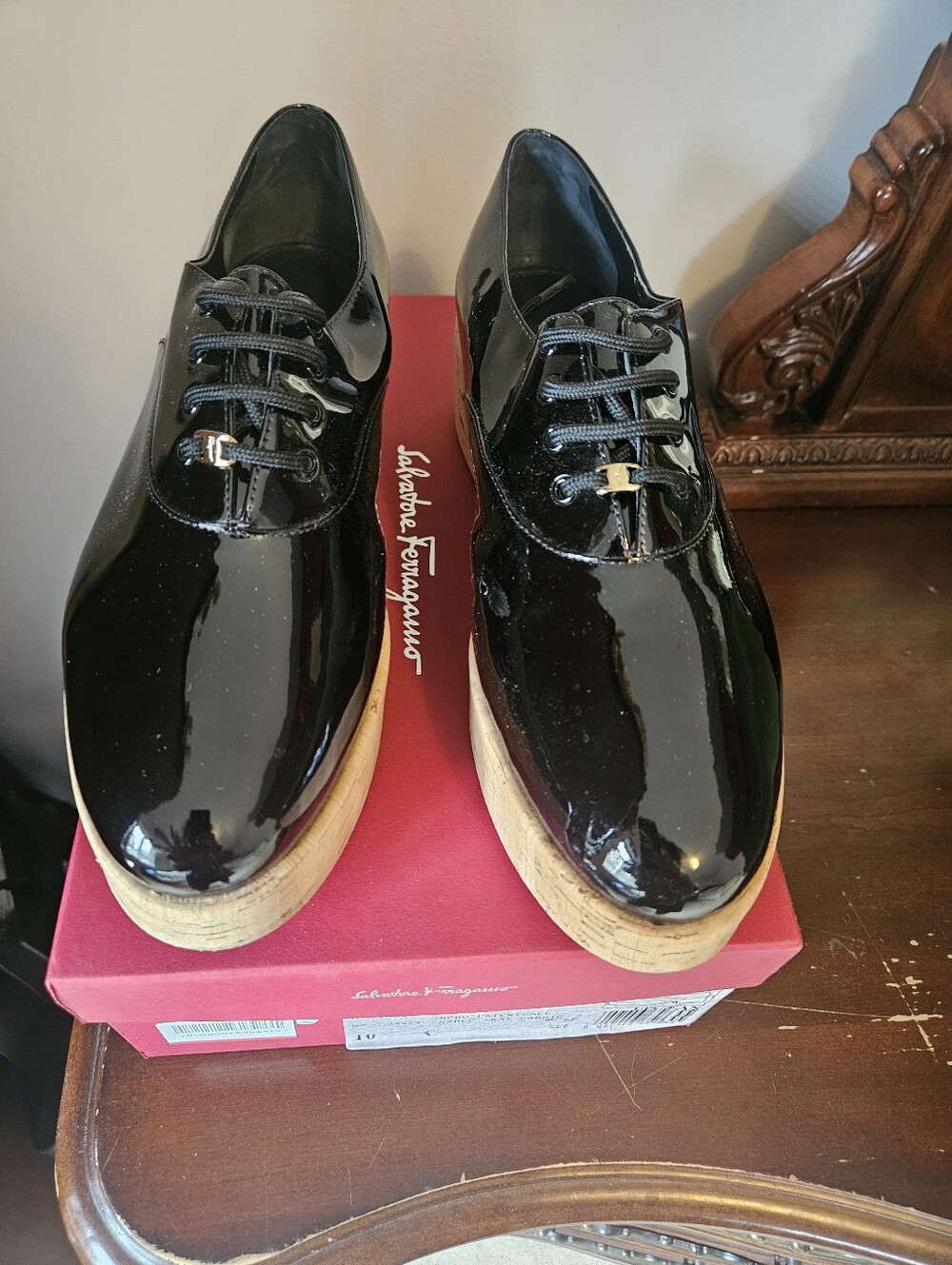 Salvatore Ferragamo Black Patent Lace-Up Platform Oxfords with Cork Sole